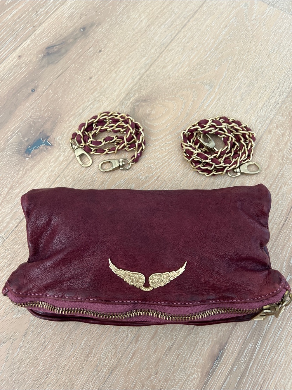 Zadig & Voltaire Burgundy Leather Wing-Emblem Crossbody Clutch shoulder bag